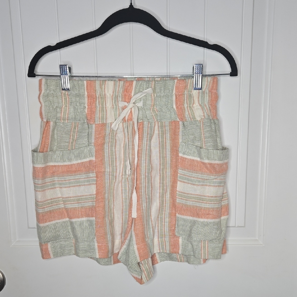 Indigo Rein Linen Blend High Waisted Striped Shorts Drawstring Comfort Timeless